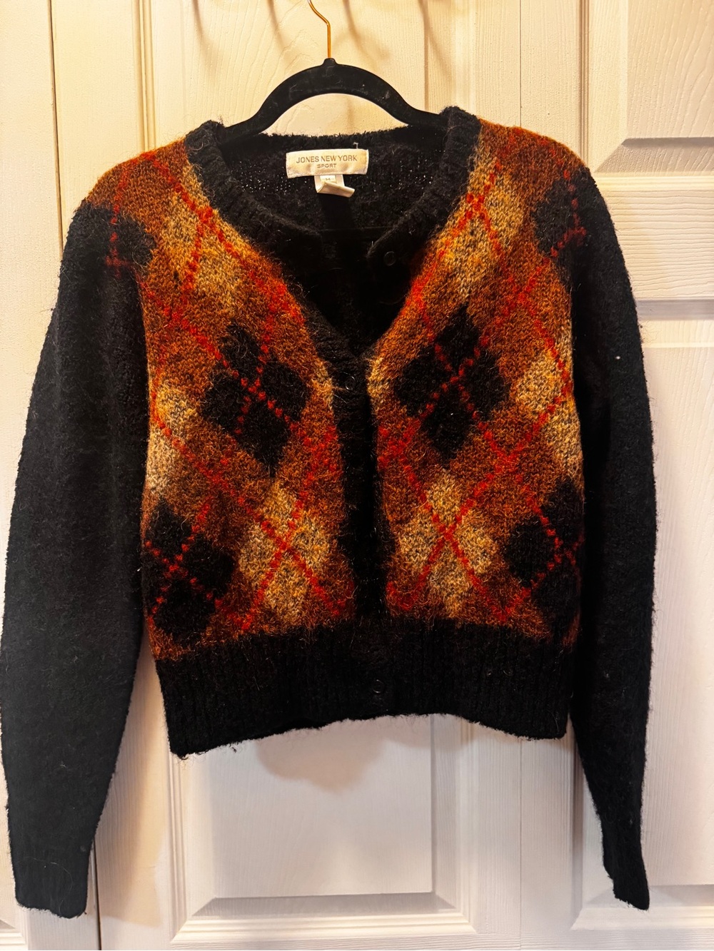 Jones New York Black Cardigan with Rust and Gold Argyle